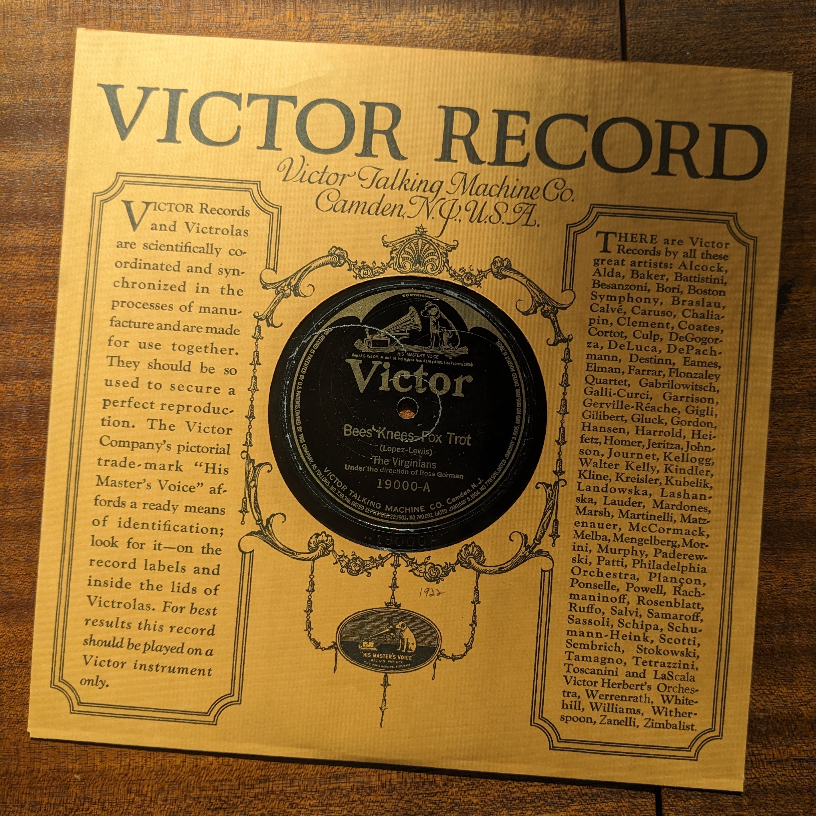 Early 1920s record sleeve replica housing an early 1920s record